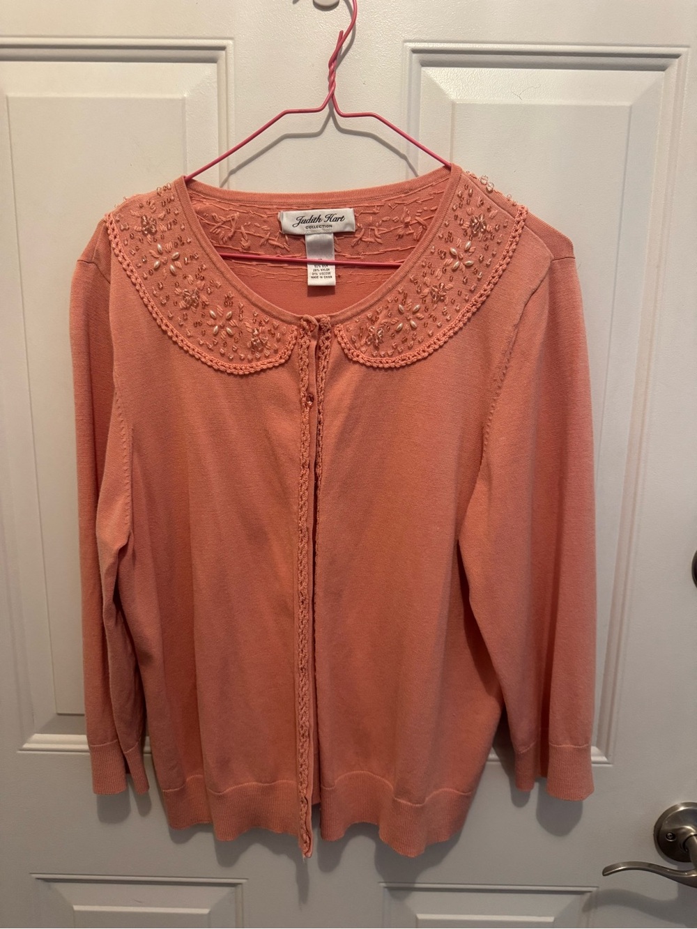 Judith Hart Peach Embellished Collar Cardigan Sweater